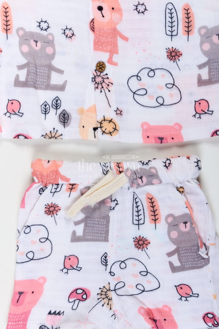 Boys White Short Sleeve Casual Shirt Set with Bear and Nature Print in Lightweight Muslin for Playful Outfits