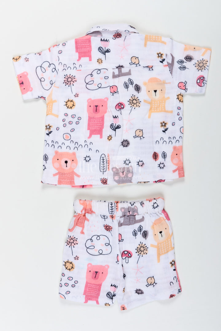 Boys White Short Sleeve Casual Shirt Set with Bear and Nature Print in Lightweight Muslin for Playful Outfits