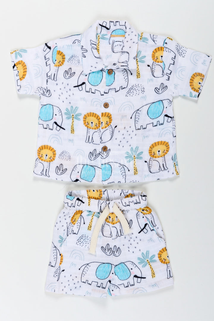 Boys Printed Casual Half Shirt Set with Elephant Safari Theme and Soft Muslin Fabric for Fun Daywear