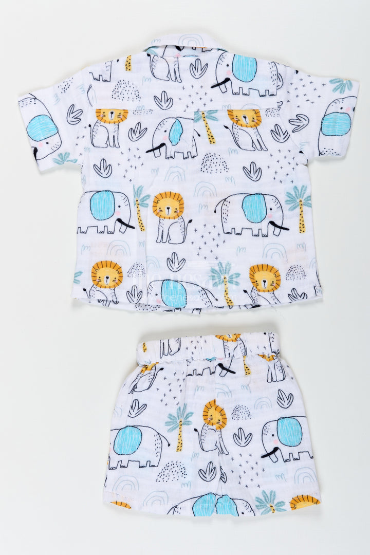 Boys Printed Casual Half Shirt Set with Elephant Safari Theme and Soft Muslin Fabric for Fun Daywear
