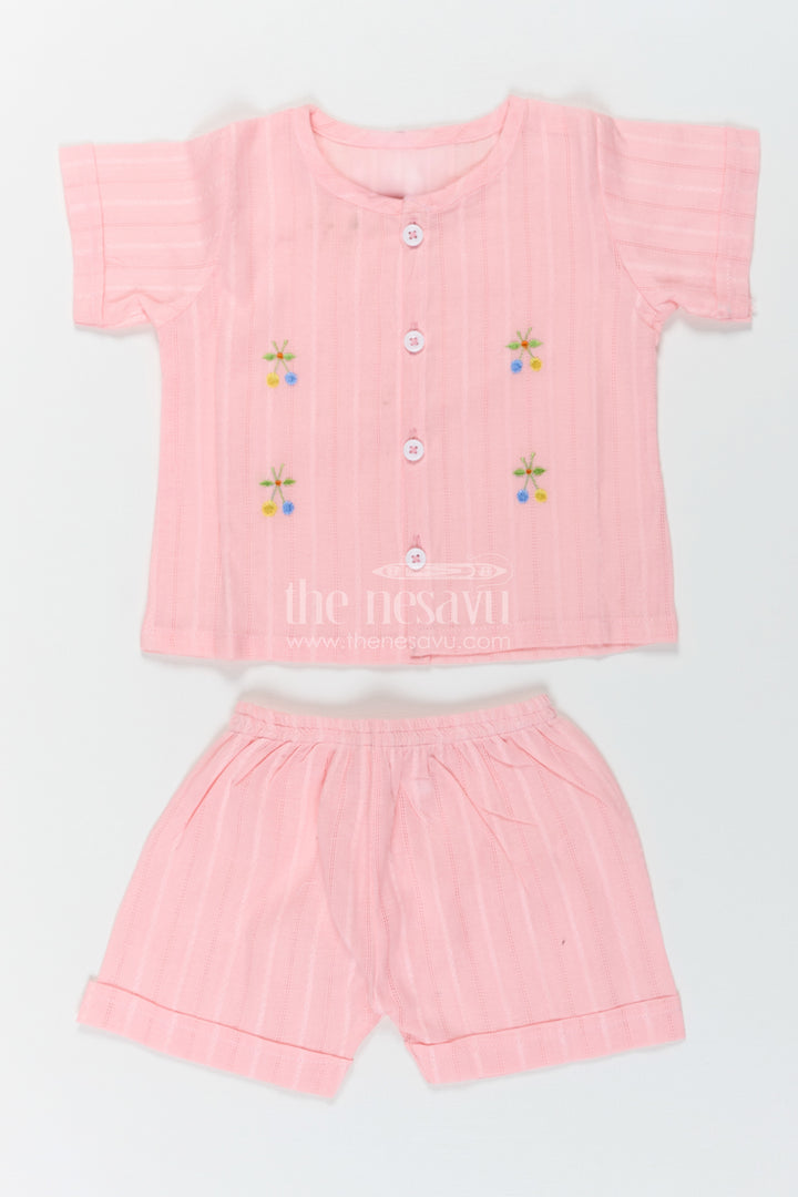Boys Cotton Suit Set in Soft Pink with Thread Embroidery and Front Button Shirt for Everyday Comfort