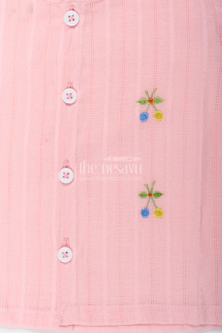 Boys Cotton Suit Set in Soft Pink with Thread Embroidery and Front Button Shirt for Everyday Comfort