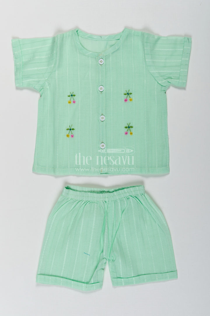 Casual Dress Cute Baby Set in Light Green Cotton with Embroidered Motifs and Coordinated Shorts