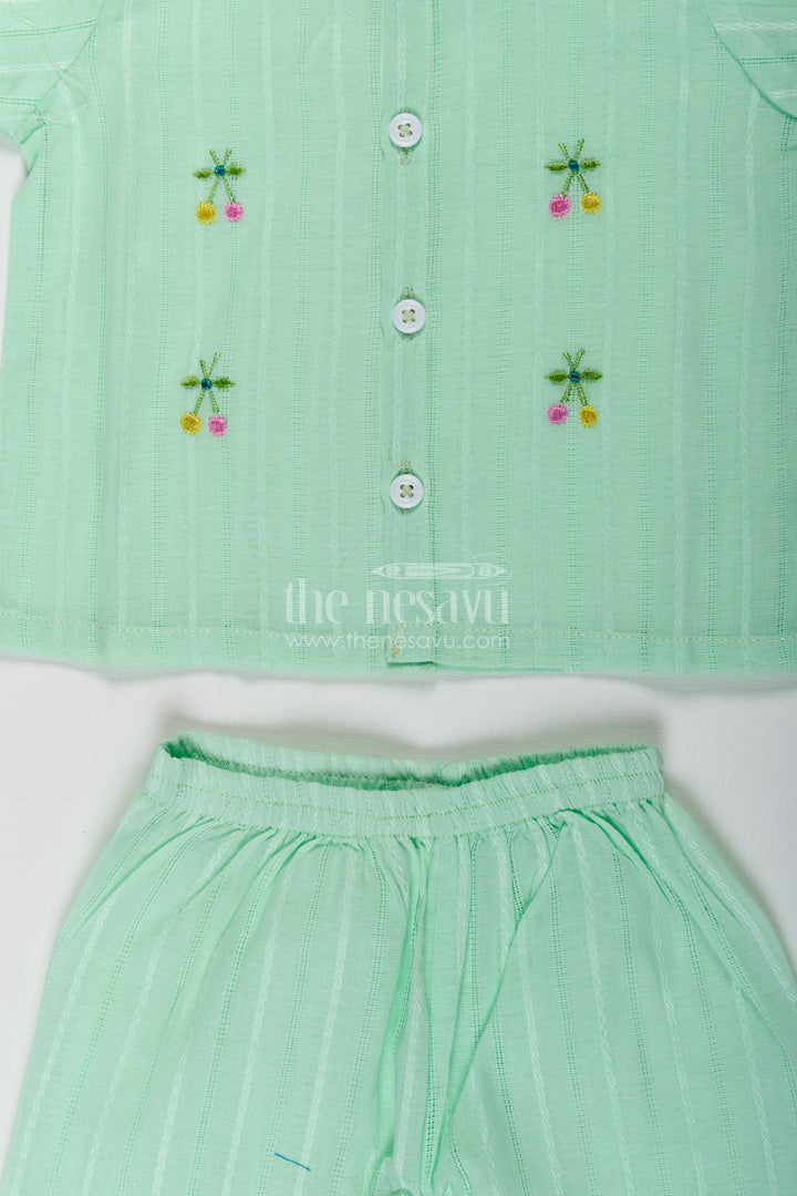 Casual Dress Cute Baby Set in Light Green Cotton with Embroidered Motifs and Coordinated Shorts