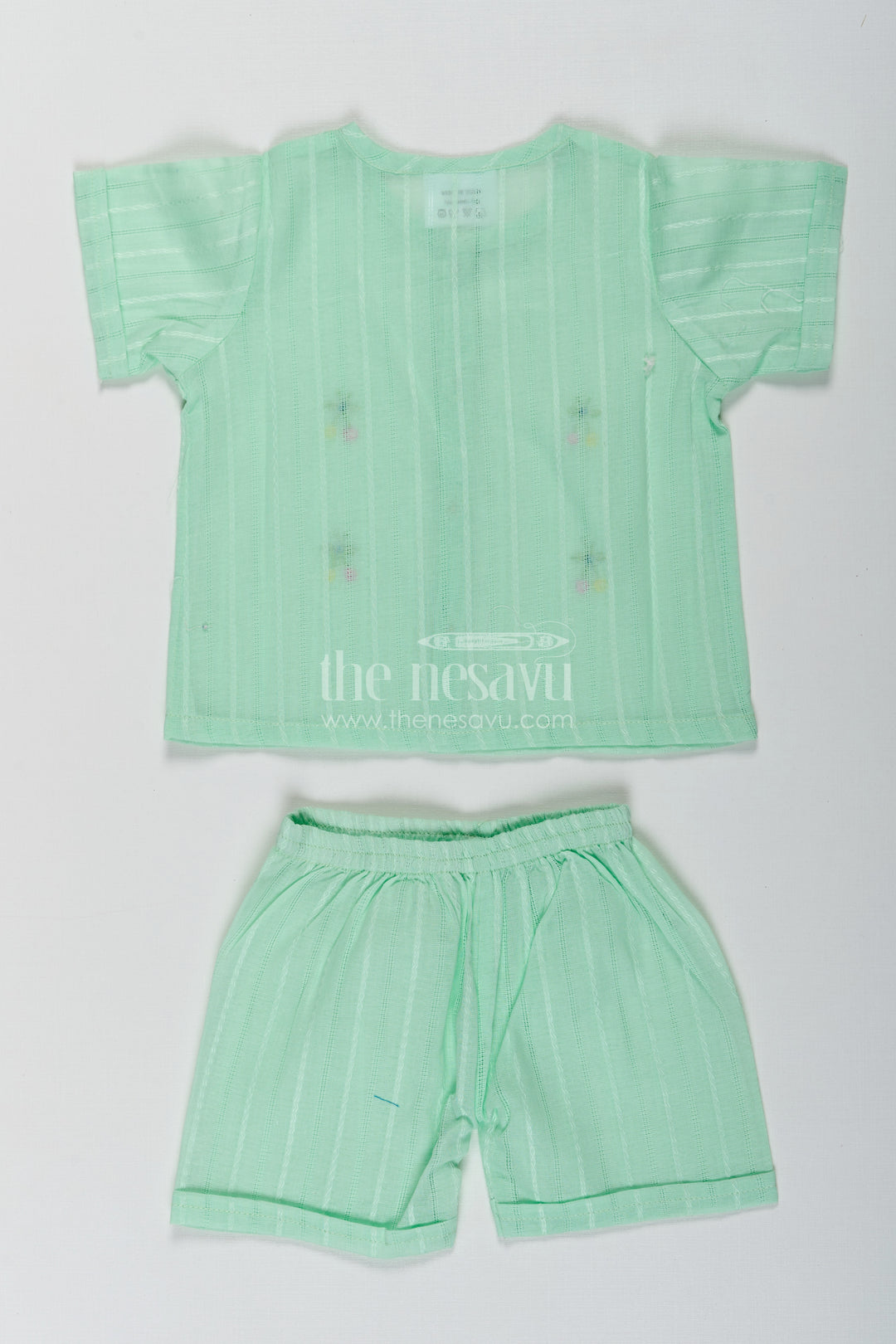 Casual Dress Cute Baby Set in Light Green Cotton with Embroidered Motifs and Coordinated Shorts