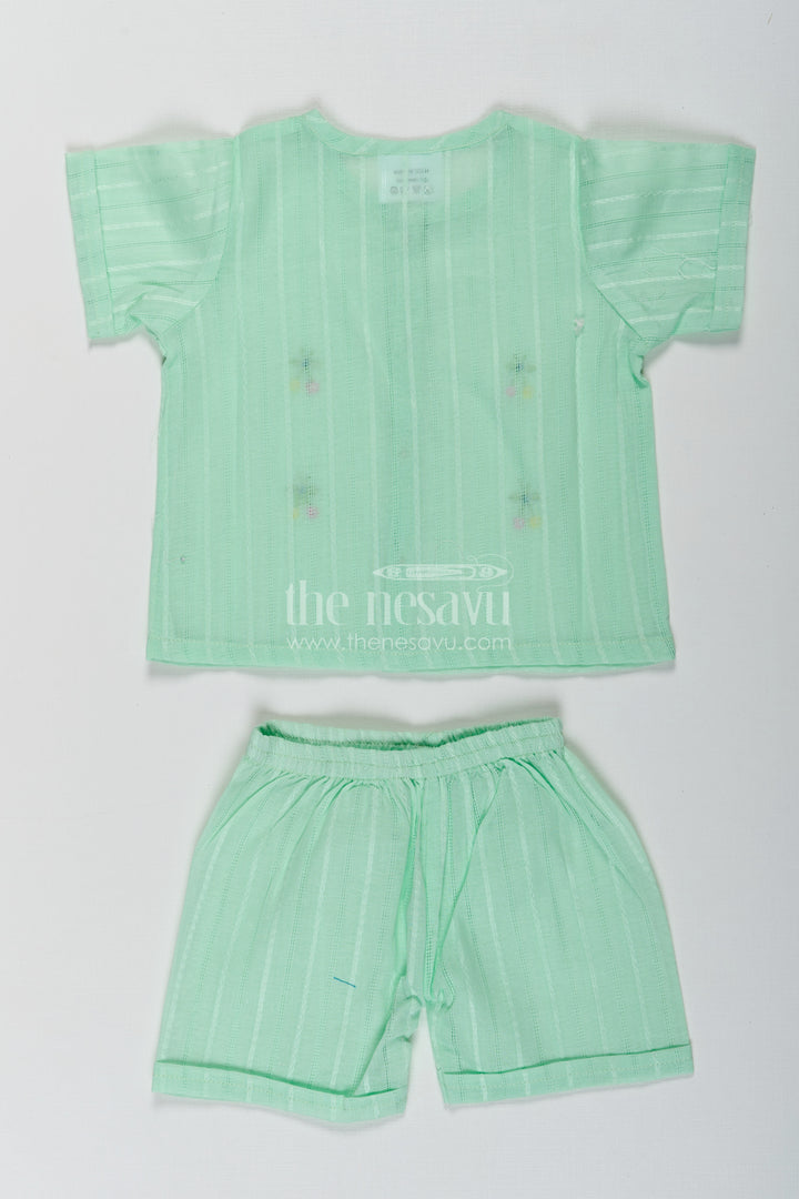 Casual Dress Cute Baby Set in Light Green Cotton with Embroidered Motifs and Coordinated Shorts