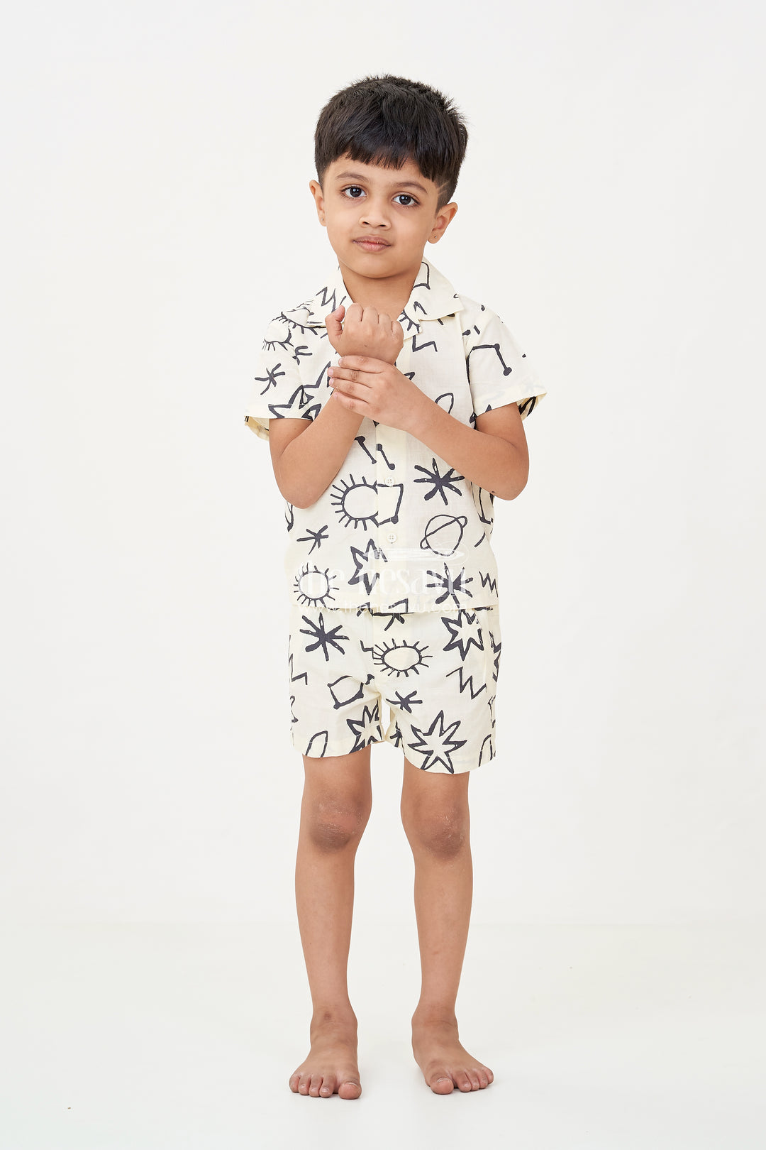 Boys casual beach outfits in Cotton with Bold Black Graphic Digital Print on Off-White Base