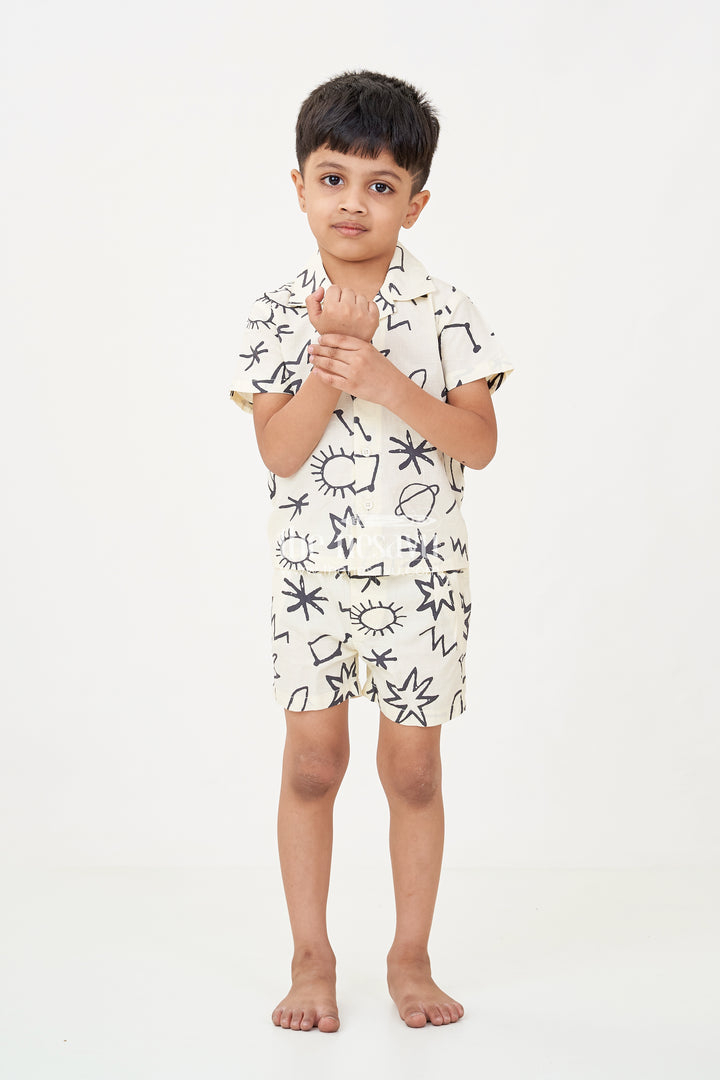 Boys casual beach outfits in Cotton with Bold Black Graphic Digital Print on Off-White Base