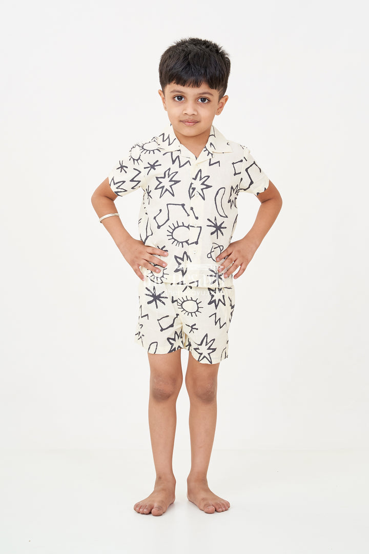 Boys casual beach outfits in Cotton with Bold Black Graphic Digital Print on Off-White Base
