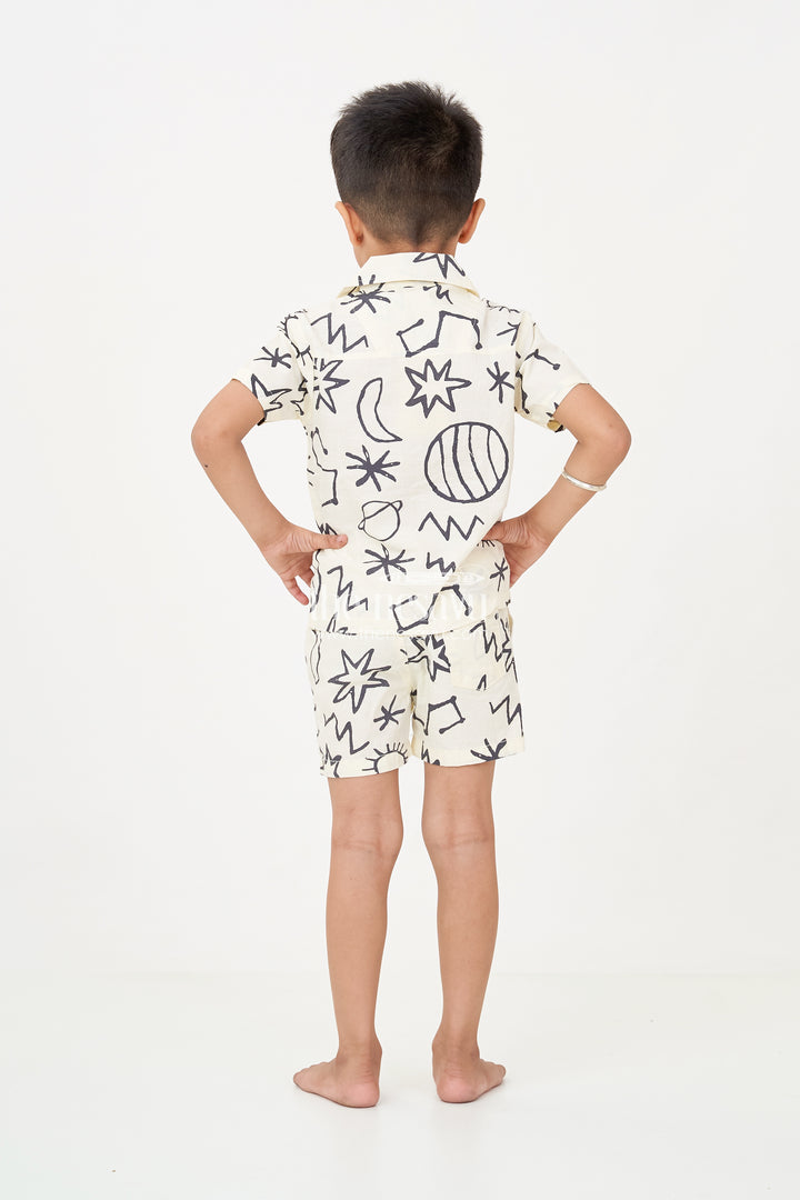 Boys casual beach outfits in Cotton with Bold Black Graphic Digital Print on Off-White Base