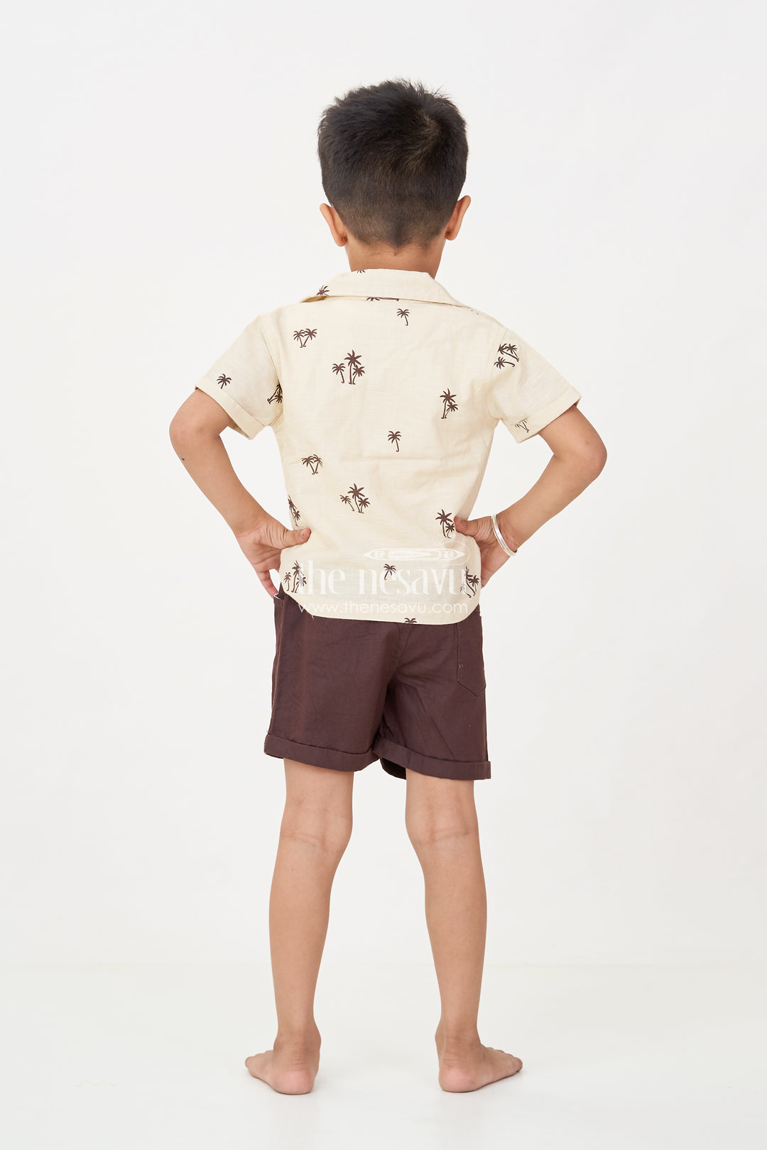 Boys casual clothes Set with Palm Tree Shirt Sleeveless Tee and Dark Shorts for a Cool Summer Look