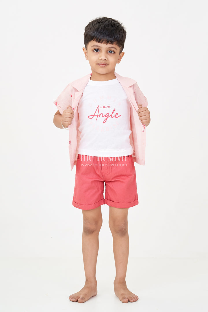 Boys casual outfits with Coral Palm Shirt and Sleeveless Graphic Tee for Playful Summer Style