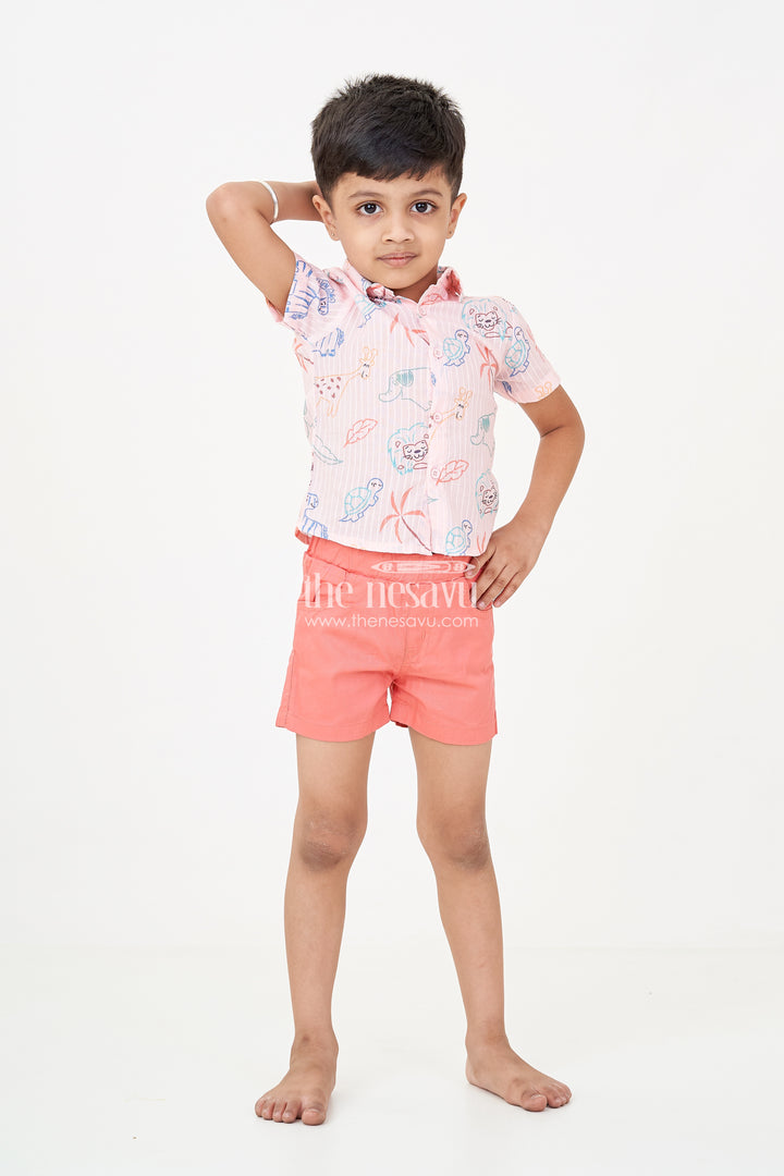Boys casual western dress with Pink Animal Digital Print Shirt and Coral Shorts for Everyday Adventures