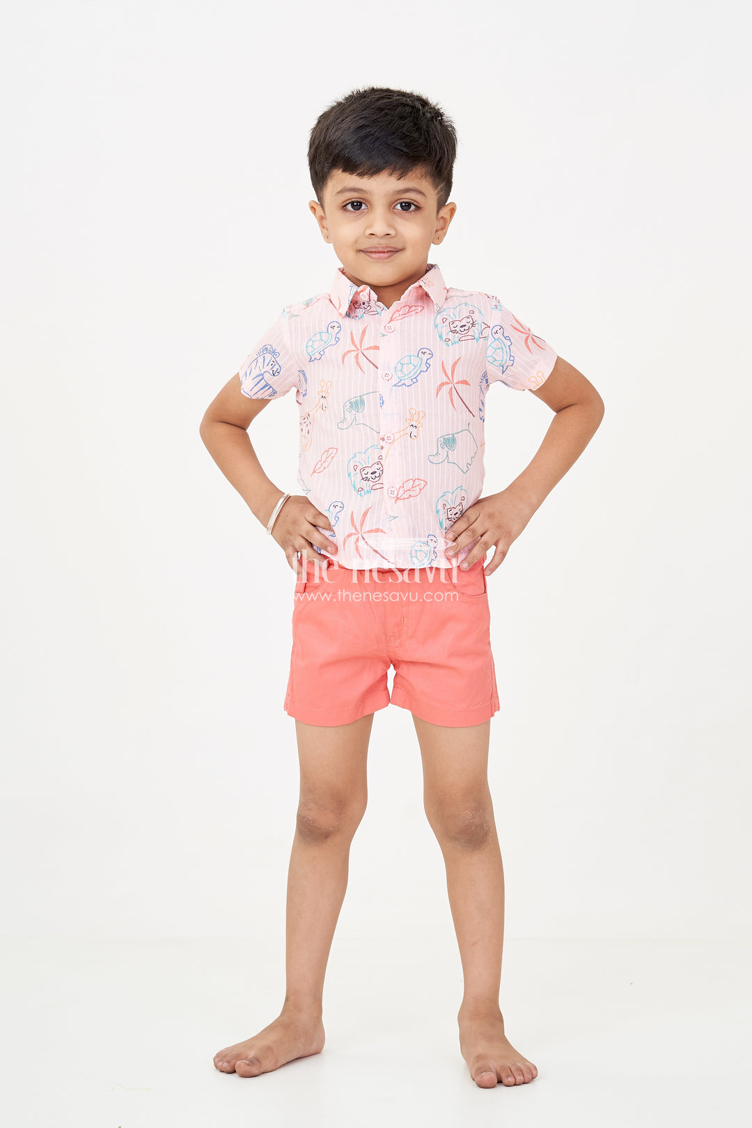 Boys casual western dress with Pink Animal Digital Print Shirt and Coral Shorts for Everyday Adventures