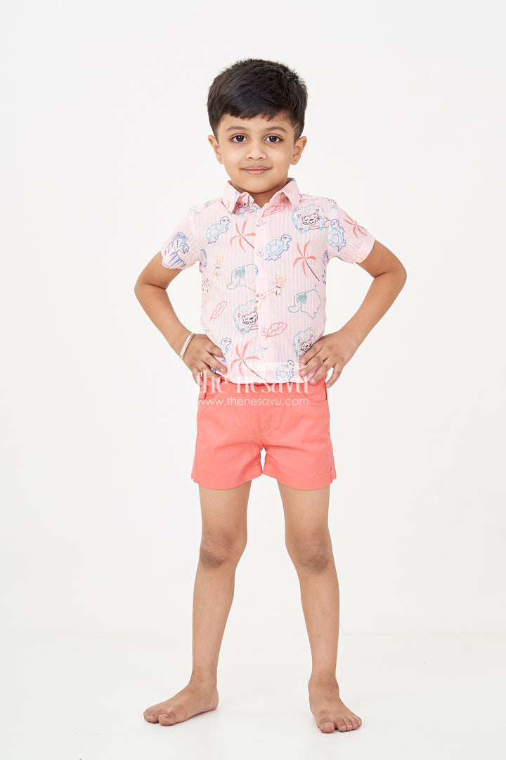 Boys casual western dress with Pink Animal Digital Print Shirt and Coral Shorts for Everyday Adventures