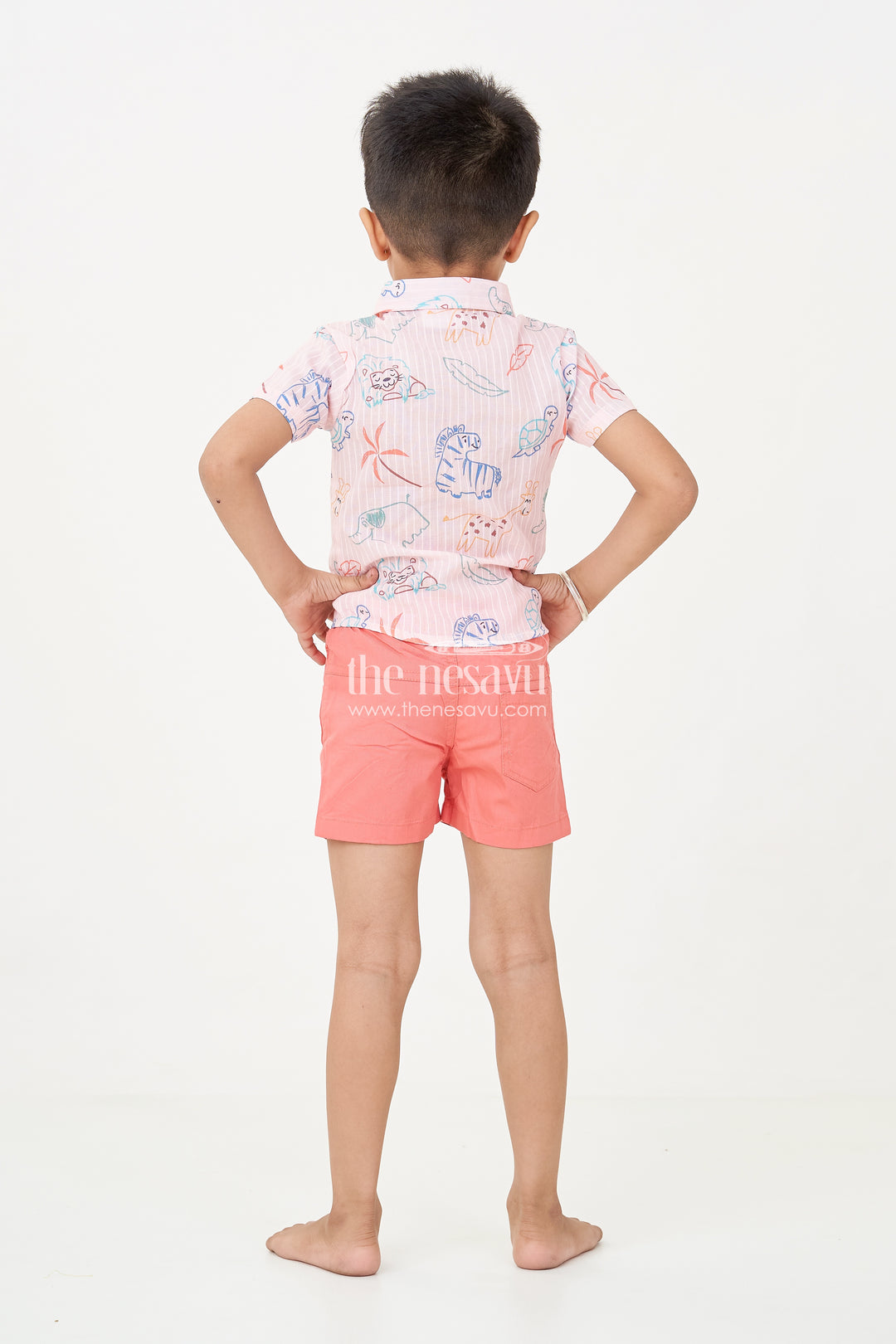 Boys casual western dress with Pink Animal Digital Print Shirt and Coral Shorts for Everyday Adventures