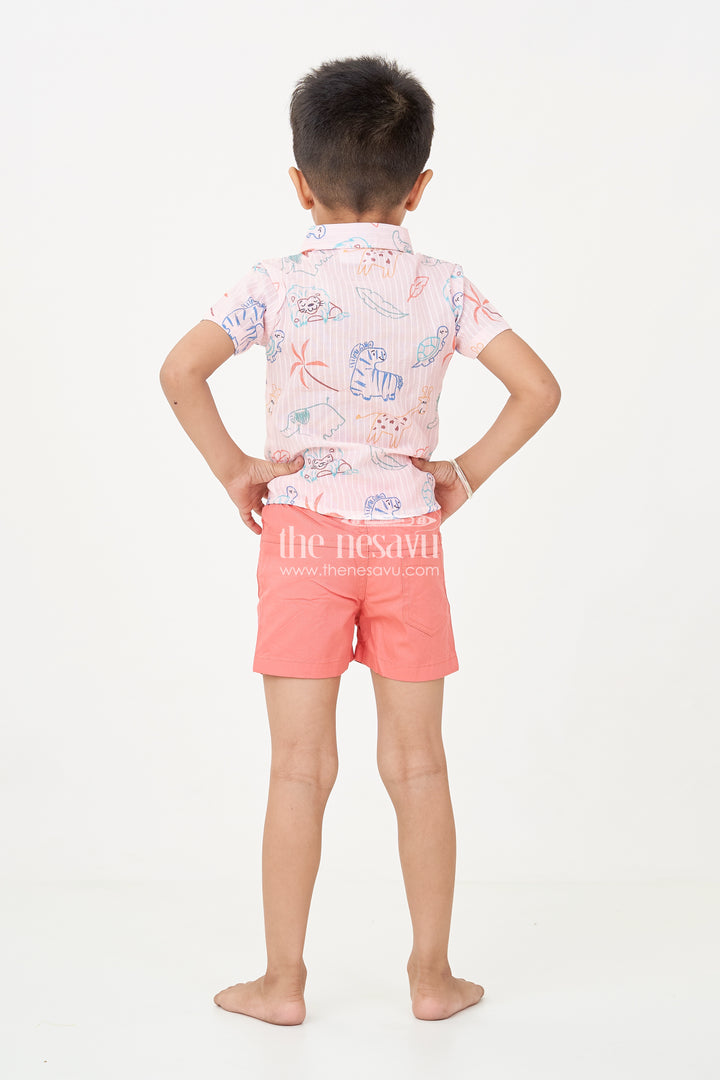 Boys casual western dress with Pink Animal Digital Print Shirt and Coral Shorts for Everyday Adventures