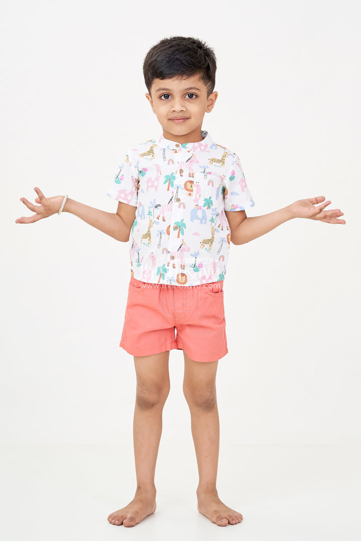 Boys casual winter outfits with Safari-Themed Digital Print Shirt and Rust Shorts for Year-Round Style
