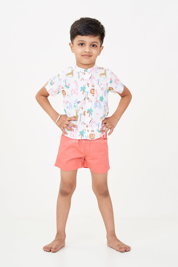 Boys casual winter outfits with Safari-Themed Digital Print Shirt and Rust Shorts for Year-Round Style