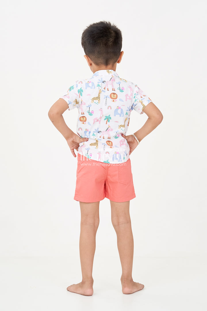 Boys casual winter outfits with Safari-Themed Digital Print Shirt and Rust Shorts for Year-Round Style