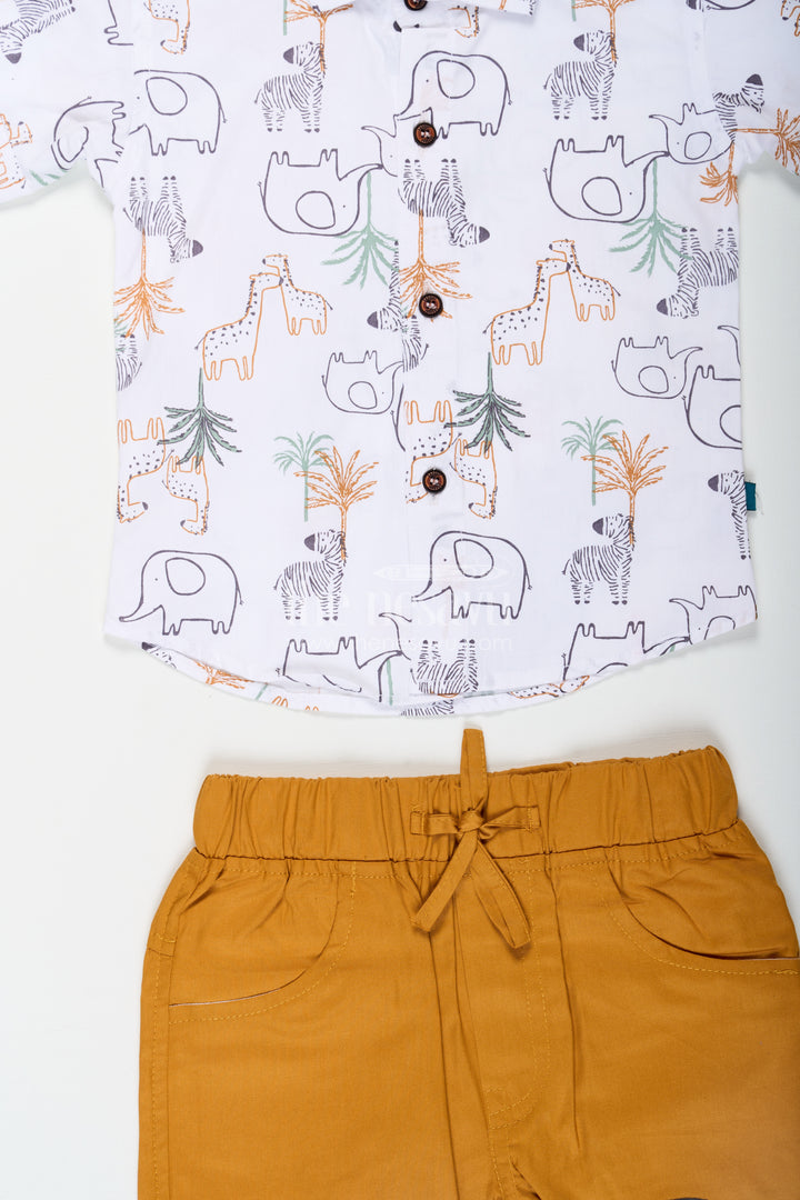 Boys Summer Casual Clothes Set with Animal Digital Print Shirt and Mustard Shorts in Cool Cotton