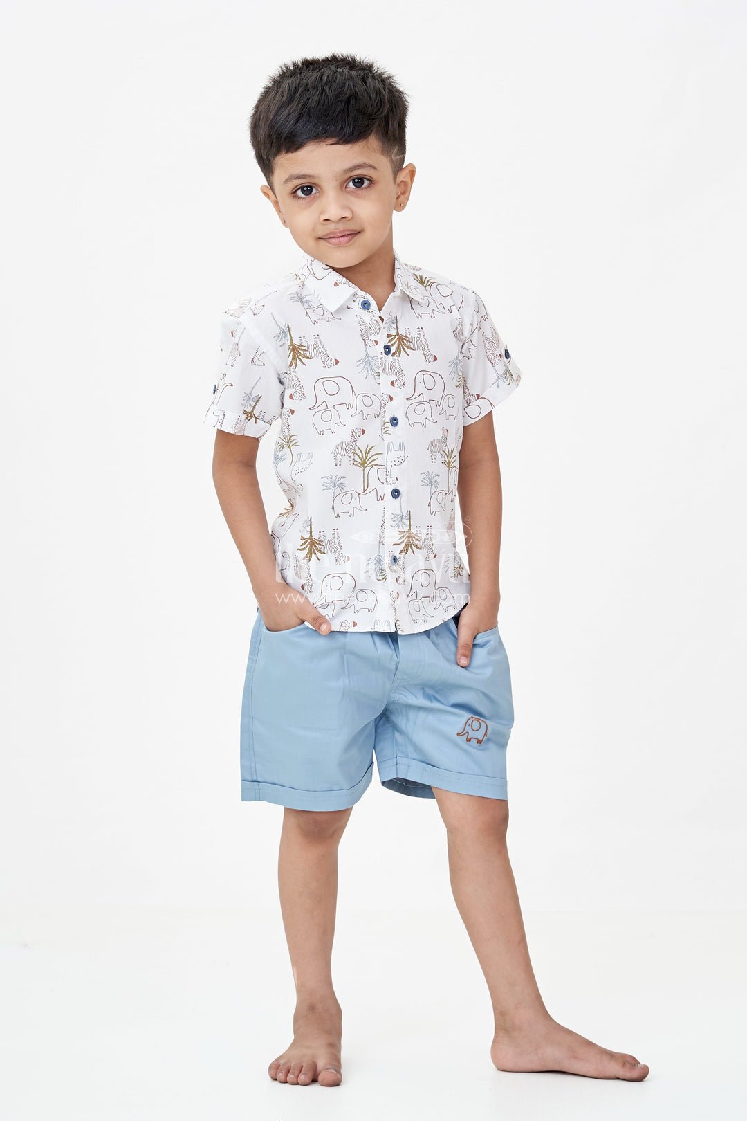 Boys Cotton Designer Casual Wear Set with Animal Digital Print Shirt and Blue Shorts