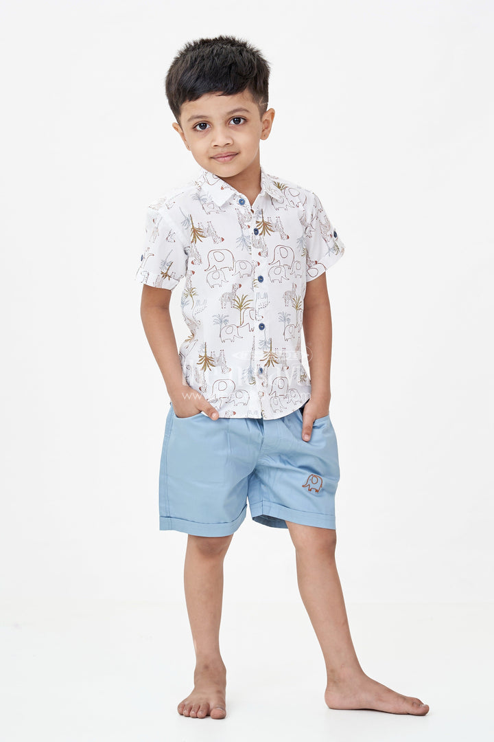 Boys Cotton Designer Casual Wear Set with Animal Digital Print Shirt and Blue Shorts