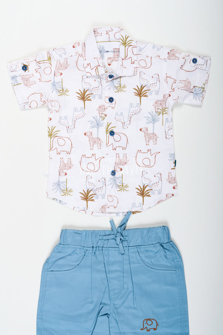 Boys Cotton Designer Casual Wear Set with Animal Digital Print Shirt and Blue Shorts