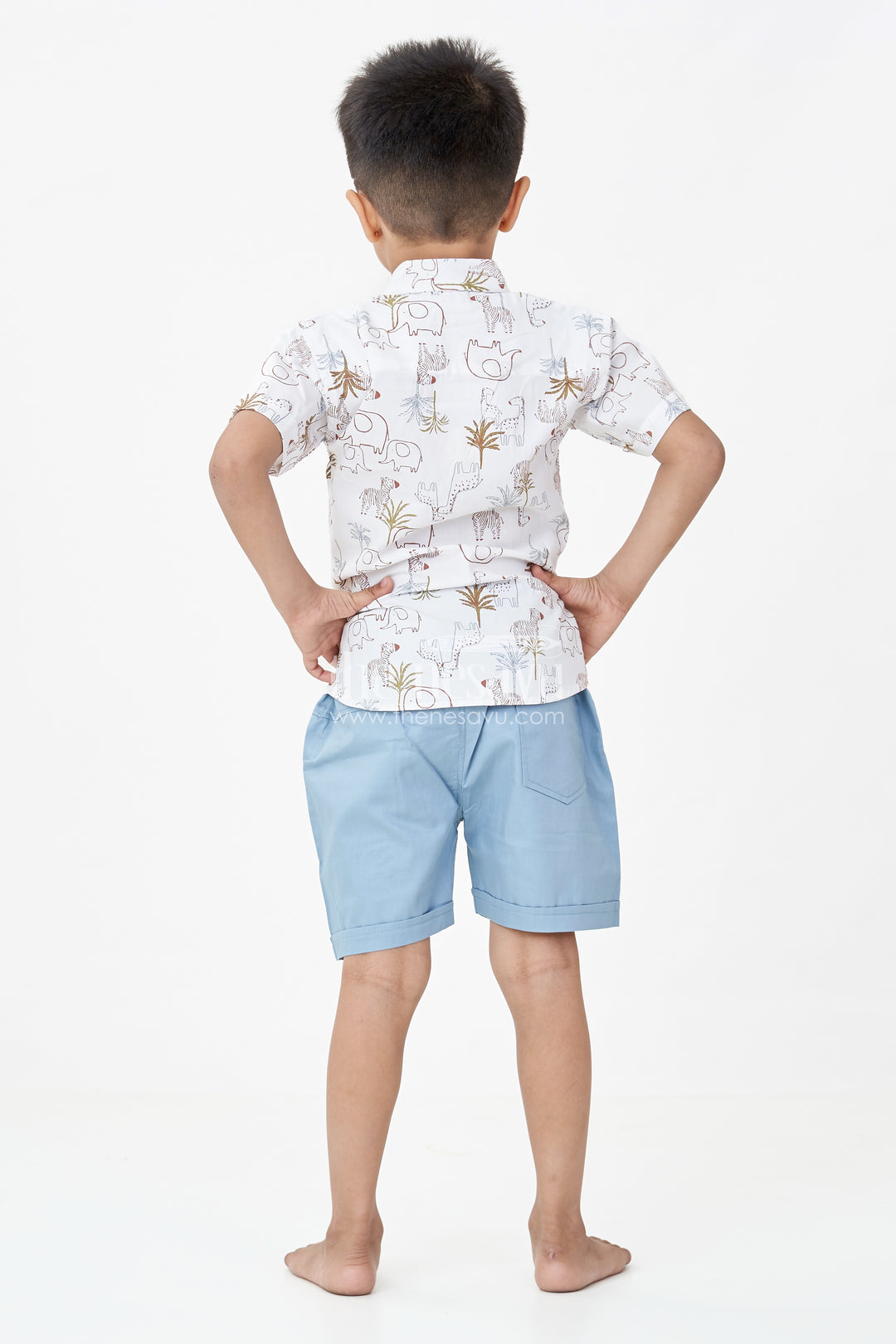 Boys Cotton Designer Casual Wear Set with Animal Digital Print Shirt and Blue Shorts