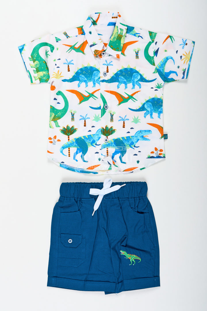 Boys Wear Casual Clothes Set with Dinosaur Digital Print Shirt and Navy Cargo Shorts