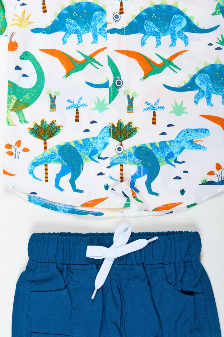 Boys Wear Casual Clothes Set with Dinosaur Digital Print Shirt and Navy Cargo Shorts