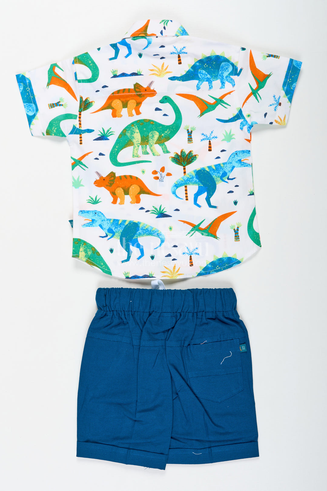 Boys Wear Casual Clothes Set with Dinosaur Digital Print Shirt and Navy Cargo Shorts