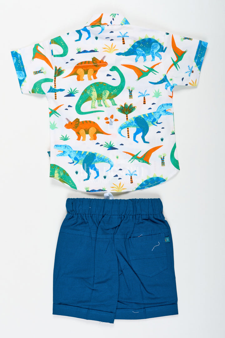 Boys Wear Casual Clothes Set with Dinosaur Digital Print Shirt and Navy Cargo Shorts