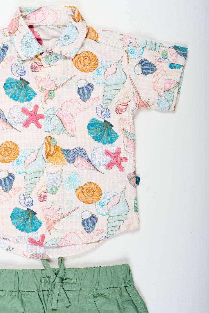 Boys Western Dress Casual Cotton Set with Seashell Printed Shirt and Olive Green Shorts