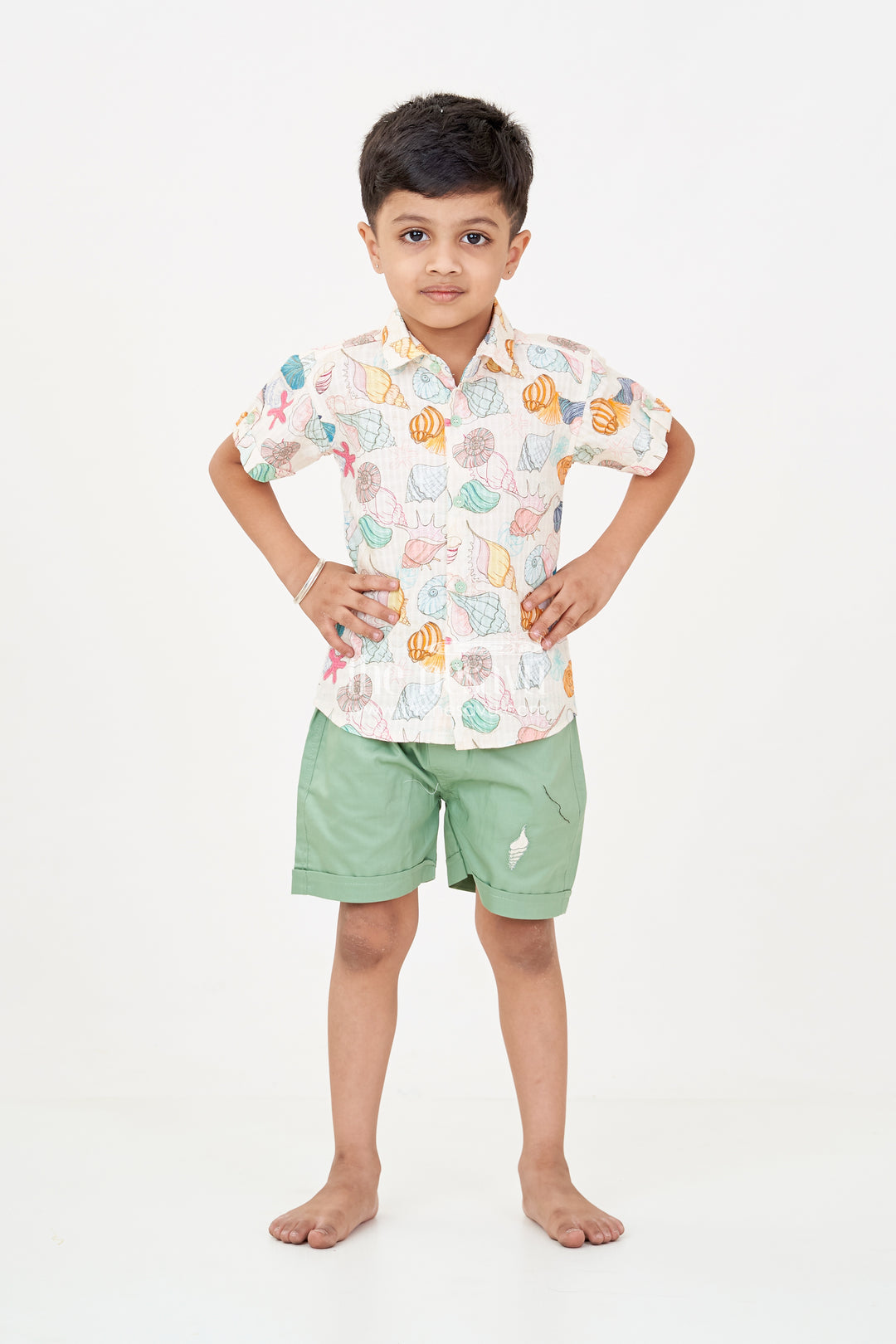 Boys Western Dress Casual Cotton Set with Seashell Printed Shirt and Olive Green Shorts