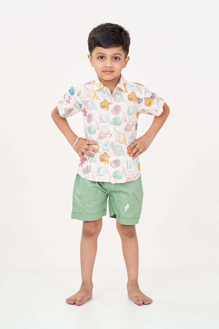 Boys Western Dress Casual Cotton Set with Seashell Printed Shirt and Olive Green Shorts