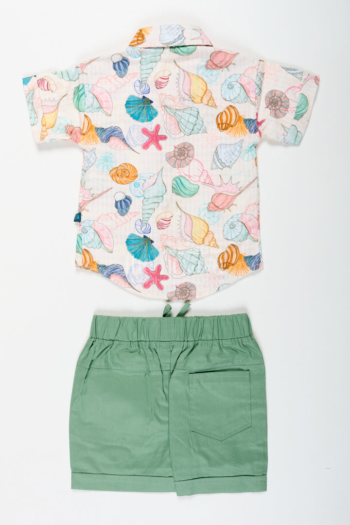 Boys Western Dress Casual Cotton Set with Seashell Printed Shirt and Olive Green Shorts