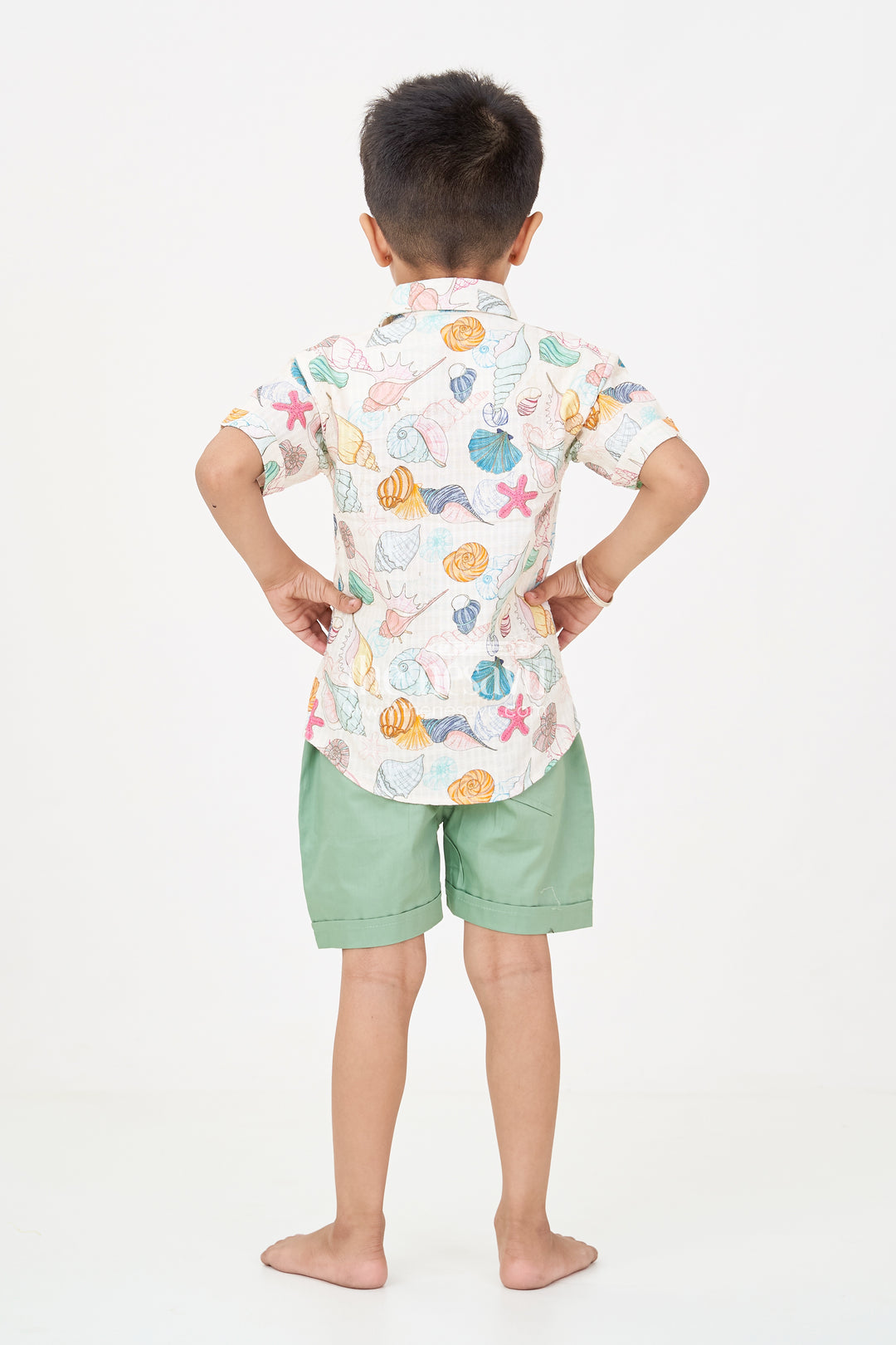 Boys Western Dress Casual Cotton Set with Seashell Printed Shirt and Olive Green Shorts