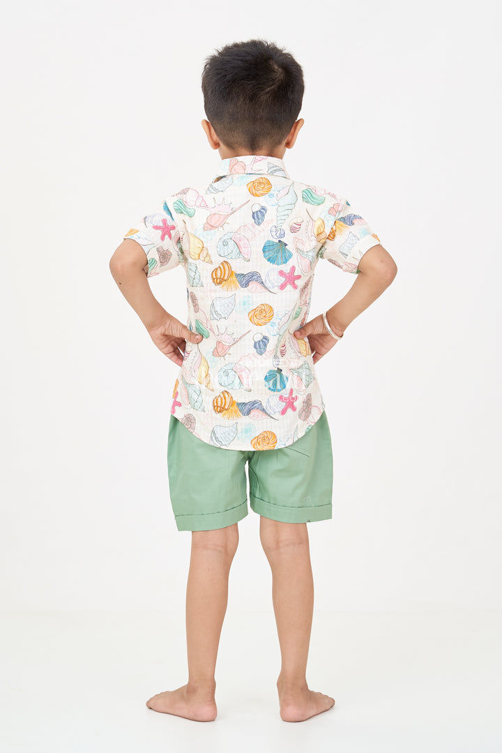 Boys Western Dress Casual Cotton Set with Seashell Printed Shirt and Olive Green Shorts