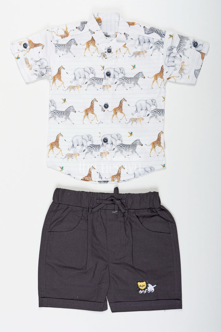 Boys Basic Casual Dresses Set with Animal Printed Shirt and Black Shorts for Everyday Adventures