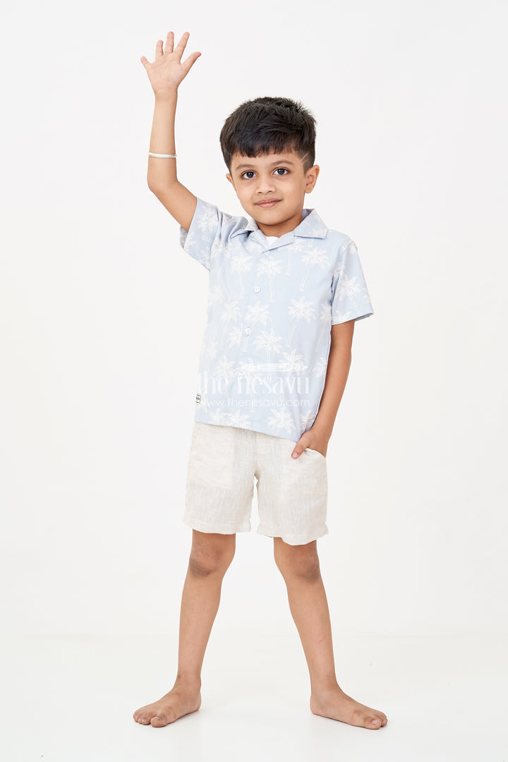 Best Casual Outfits for Boys in Cotton with Palm Tree Shirt, Graphic Tee, and Beige Shorts