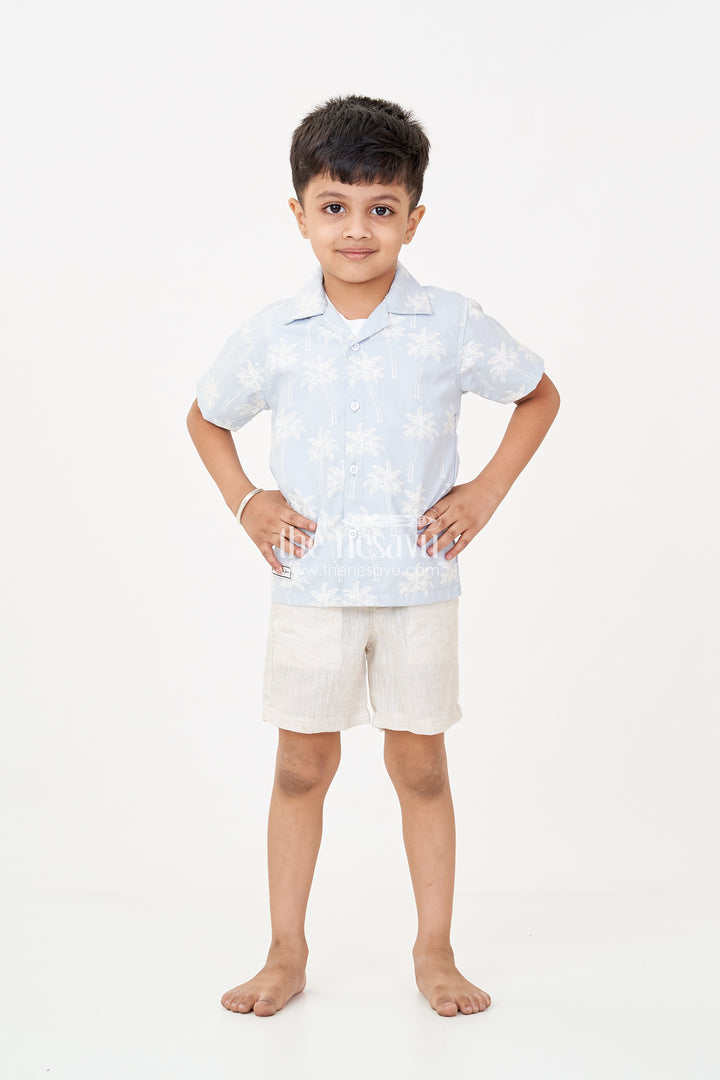 Best Casual Outfits for Boys in Cotton with Palm Tree Shirt, Graphic Tee, and Beige Shorts