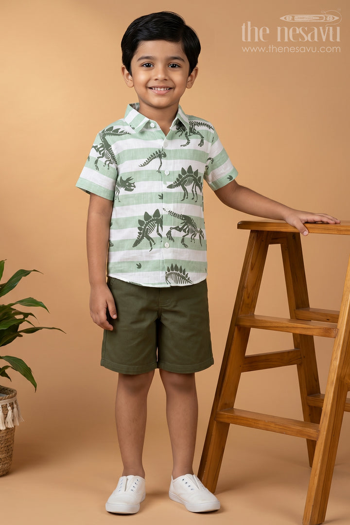 Casual Beach Dresses for Boys with Dinosaur Printed Shirt and Forest Green Cotton Shorts