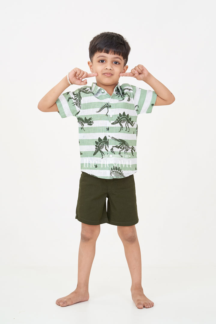 Casual Beach Dresses for Boys with Dinosaur Printed Shirt and Forest Green Cotton Shorts