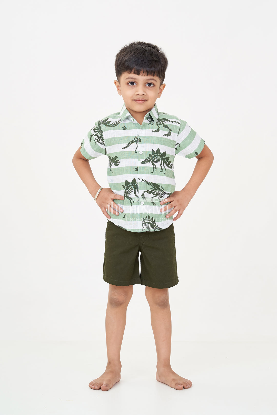 Casual Beach Dresses for Boys with Dinosaur Printed Shirt and Forest Green Cotton Shorts