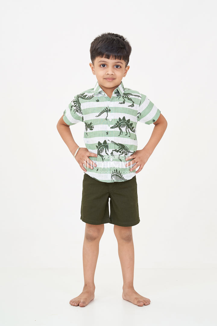 Casual Beach Dresses for Boys with Dinosaur Printed Shirt and Forest Green Cotton Shorts