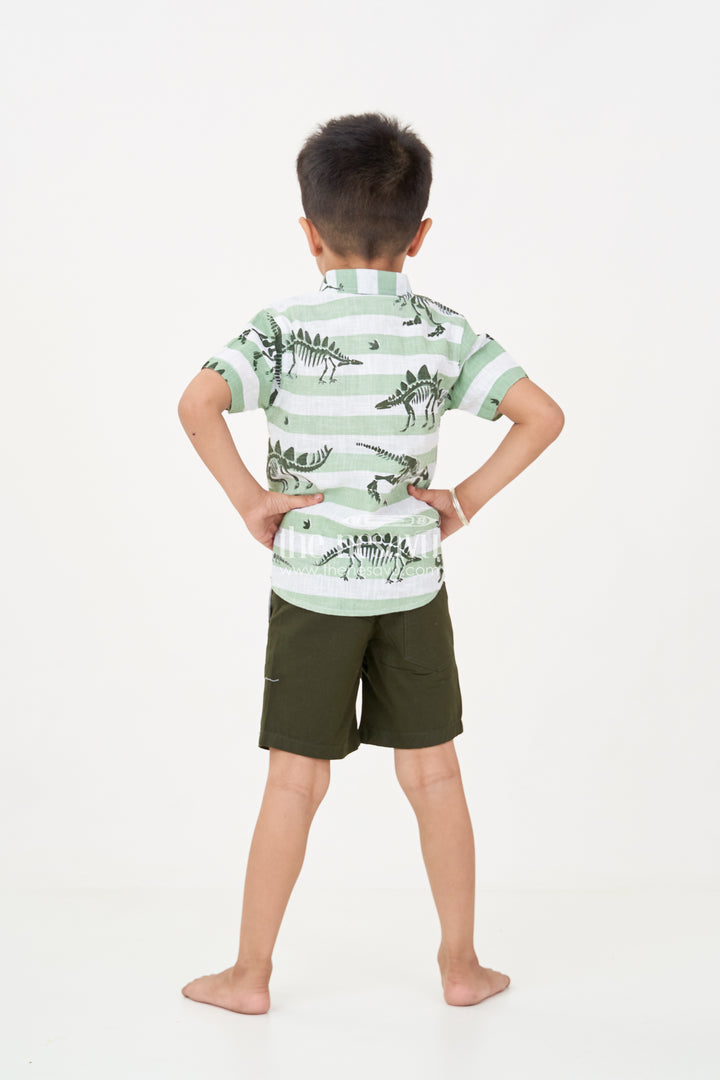 Casual Beach Dresses for Boys with Dinosaur Printed Shirt and Forest Green Cotton Shorts