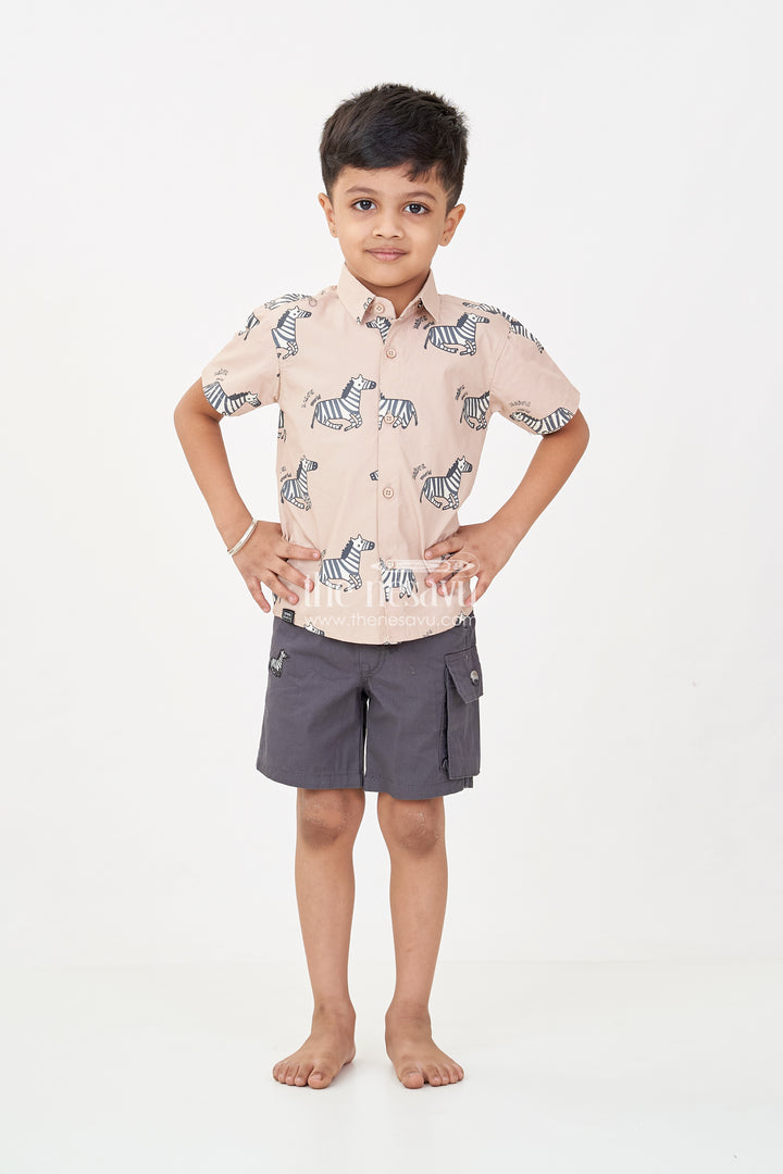 Casual Beach Wear for Boys with Zebra Printed Shirt and Black Cargo Shorts in Lightweight Cotton