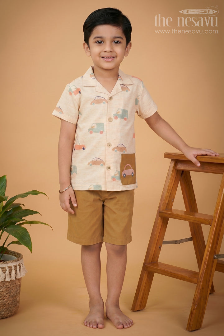 Casual Decent Dress for Boys with Car Printed Cotton Shirt and Mustard Shorts for Daywear