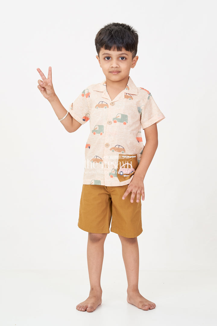 Casual Decent Dress for Boys with Car Printed Cotton Shirt and Mustard Shorts for Daywear